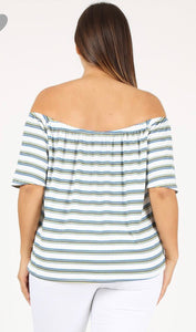 Striped Off Shoulder Blouse With Button Trim & Bell Sleeves