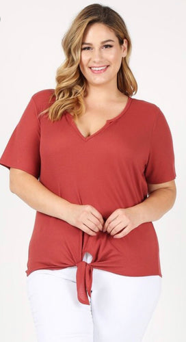 Relaxed Fit 3/4 Sleeve Brick Top With A Waist Tie & V-Neckline
