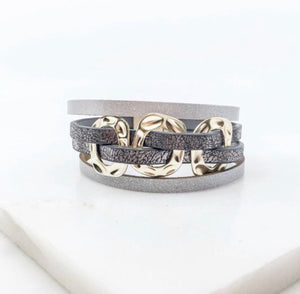 3 Hammered Ring Multi Strand Leather Magnetic Bracelet
