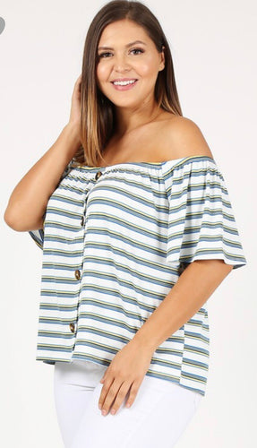 Striped Off Shoulder Blouse With Button Trim & Bell Sleeves