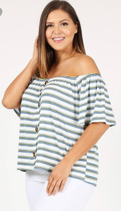 Striped Off Shoulder Blouse With Button Trim & Bell Sleeves