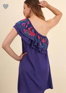 One Shoulder Pocket Dress With A Floral Embroidered Layered Yoke