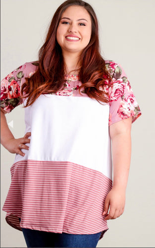 Mauve & Ivory Floral Colorblock Blouse