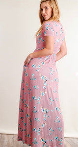Red Vertical Stripe Floral Fit & Flare Pocketed Maxi Dress