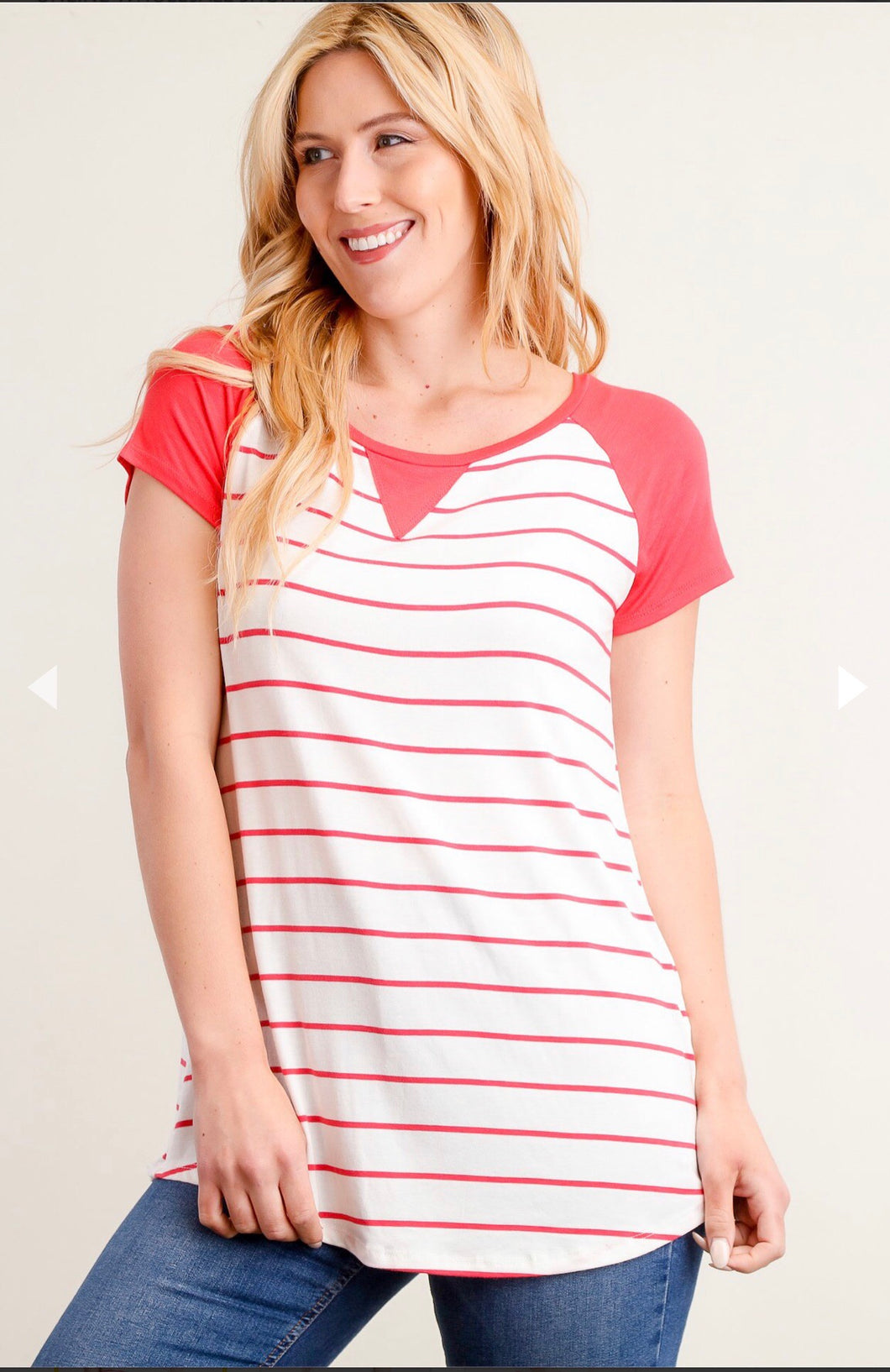 Coral Stripe Raglan Blouse