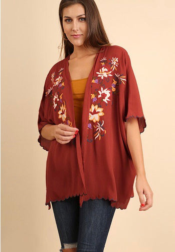 Red Clay Embroidered Kimono