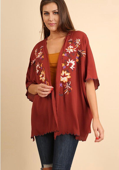 Red Clay Embroidered Kimono