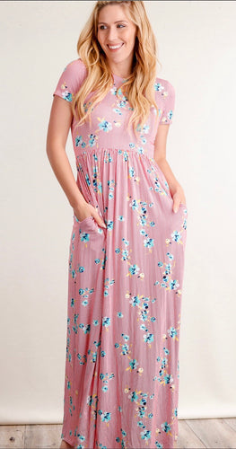 Red Vertical Stripe Floral Fit & Flare Pocketed Maxi Dress