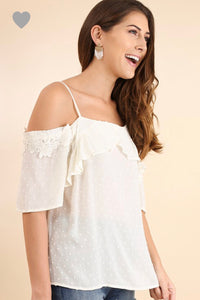 Sheer Polka Dot Cold Shoulder Ruffle Top