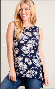 Navy & Ivory Floral Sleeveless Blouse