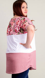 Mauve & Ivory Floral Colorblock Blouse