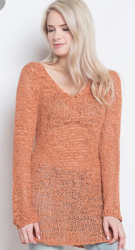 Dust Coral Open Knit V-Neck Pullover