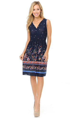Casual Paisley On Navy Deep-V Summer Dress