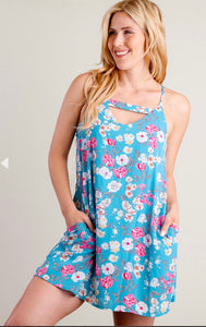 Blue Floral Lined Pocketed Dress