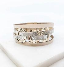 Load image into Gallery viewer, 3 Hammered Ring Multi Strand Leather Magnetic Bracelet