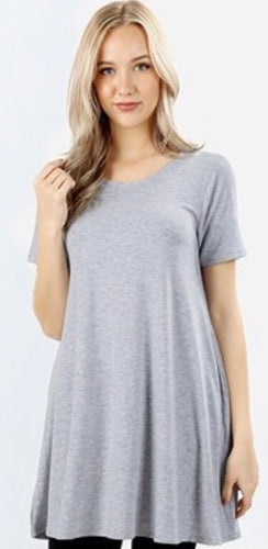 Round Neck, Straight Hem H-Grey Tunic With Pockets