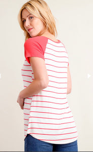 Coral Stripe Raglan Blouse