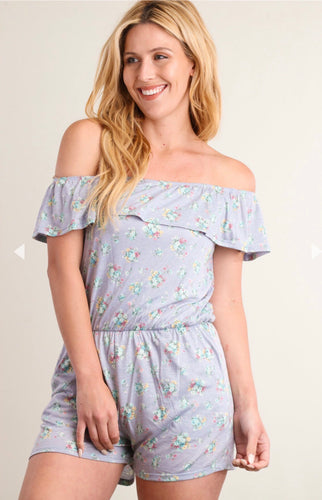 Blue Floral Off Shoulder Romper