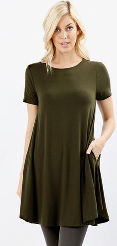 Round Neck Round Hem Short Sleeve Dk Olive Tunic With Pockets