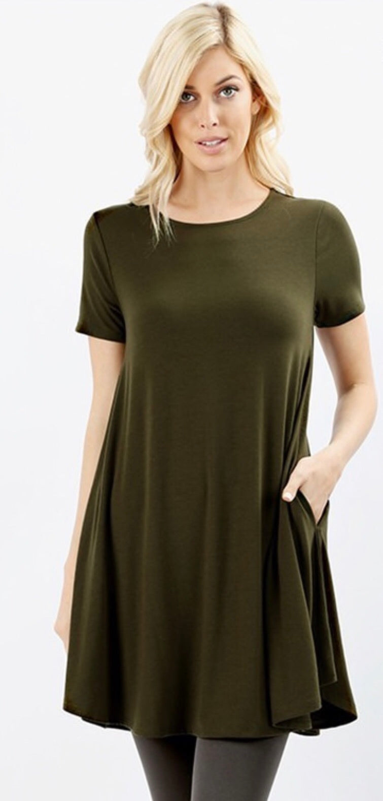 Round Neck Round Hem Short Sleeve Dk Olive Tunic With Pockets