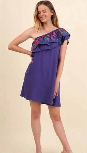 One Shoulder Pocket Dress With A Floral Embroidered Layered Yoke