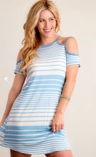 Load image into Gallery viewer, Blue &amp; White Striped Cold Shoulder Dress